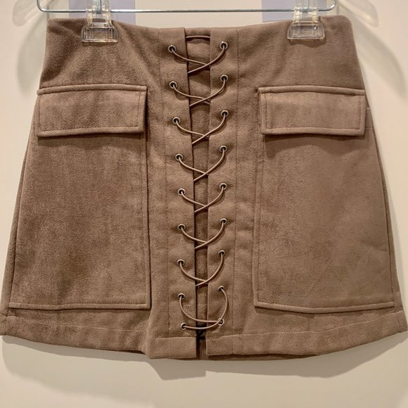 Taupe Faux Suede Lace Up Front Pencil Mini Skirt - Picture 1 of 4